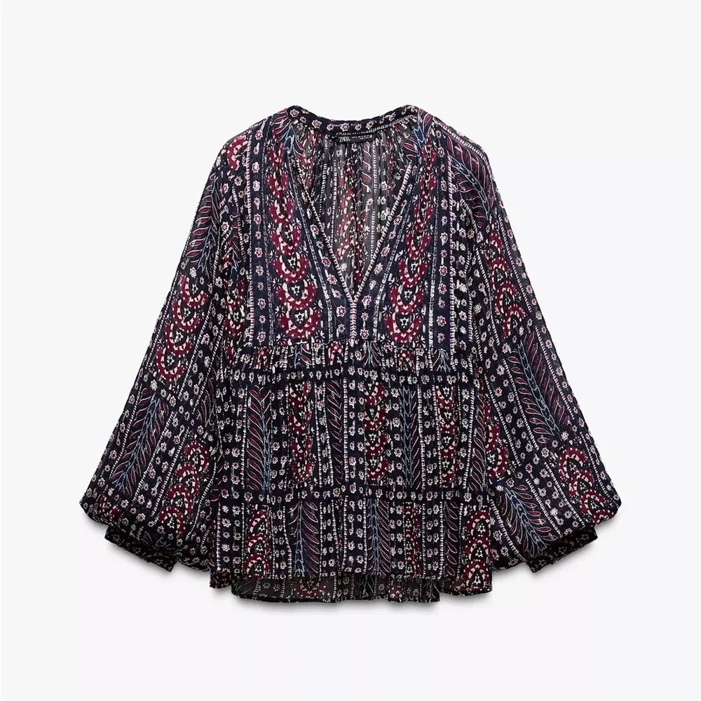Zara Navy Boho Women's Blouse with Silver Metallic Thread NWT - Picture 4 of 4